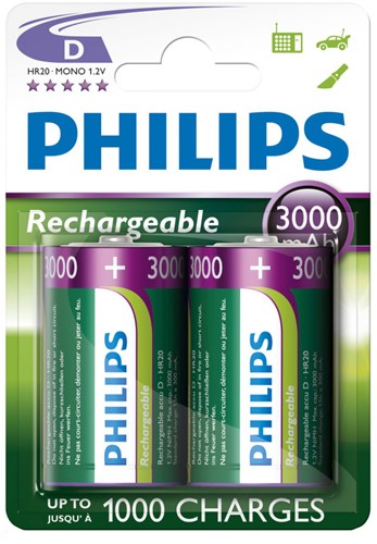 Oplaadbare batterijen D-formaat NiMH 3000mAh - 2 stuks - Philips