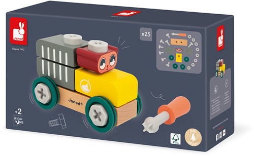 Janod Brico'Kids - Houten bouwwagen met beer en blokken - Educatief speelgoed