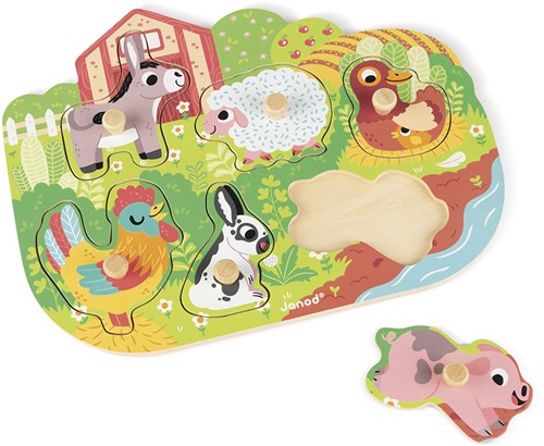 Janod houten puzzel boerderij dieren - knoppuzzel 6 stukjes-2