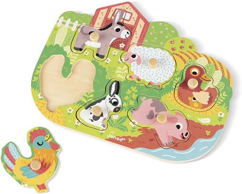 Janod houten puzzel boerderij dieren - knoppuzzel 6 stukjes-3