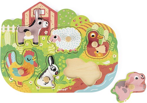 Janod houten puzzel boerderij dieren - knoppuzzel 6 stukjes