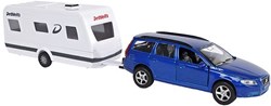 Volvo V70 speelgoedauto met Dethleffs caravan - die cast - 30cm - blauw