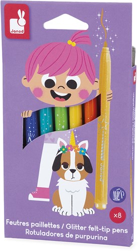 Janod glitter viltstiften set - 8 kleuren - creatieve knutselstiften