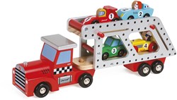 Janod houten autotransporter - speelgoed vrachtwagen met 4 raceauto's