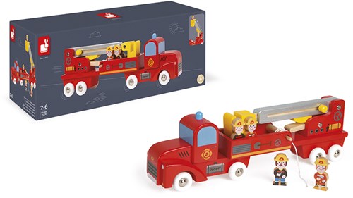 Janod Brandweerwagen - Houten speelgoedauto met brandweermannen-3