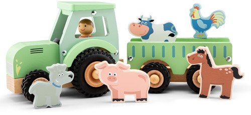 New Classic Toys Houten tractor met aanhanger en 5 dieren