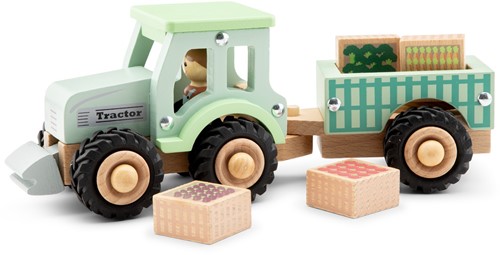 New Classic Toys Houten tractor met aanhanger en groente