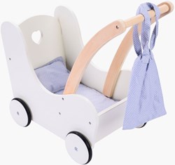 Angel Sports houten poppenwagen grijs-wit met accessoires