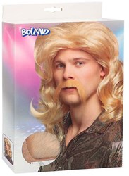 Boland pruik Barry blond golvend lang met snor voor volwassenen