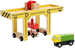 BigJigs houten brugkraan speelgoed - kraan voor treinset met vrachtwagen