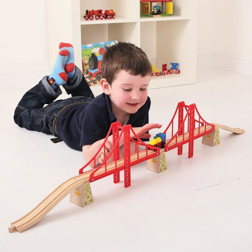 BigJigs houten treinbaan dubbele hangbrug rood - houten speelgoed brug-3