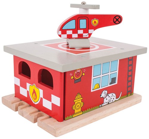 Bigjigs houten treinset brandweerkazerne met helikopterplatform-2