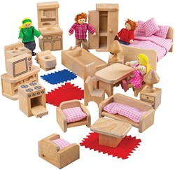 BigJigs poppenhuis meubels en poppetjes houten speelset 26-delig