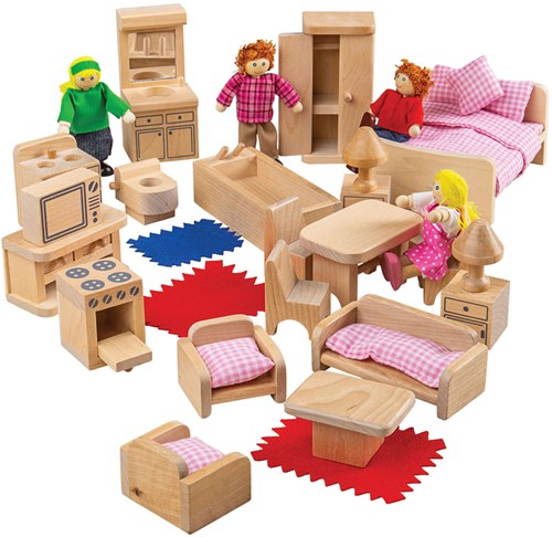 BigJigs poppenhuis meubels en poppetjes houten speelset 26-delig