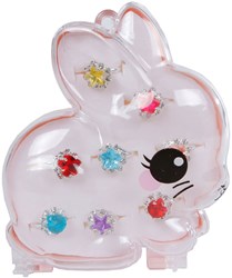 Kinderringen set sieraden roze konijn juwelenbox 8 stuks verstelbaar