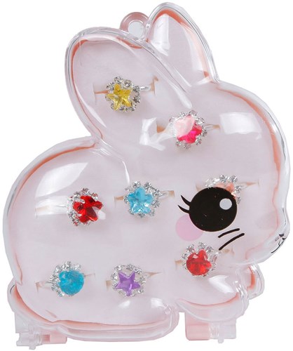 Kinderringen set sieraden roze konijn juwelenbox 8 stuks verstelbaar