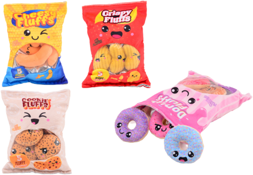 Johntoy pluche snack zakje - zacht speelgoed snack - 4 assorti