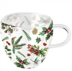 Ambiente glas theebeker Winter greenery dubbelwandig 200ml transparant