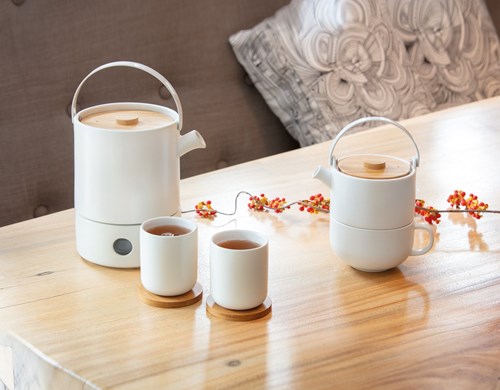 Bredemeijer theemokken Umea wit met bamboe onderzetters 200ml set 2-3