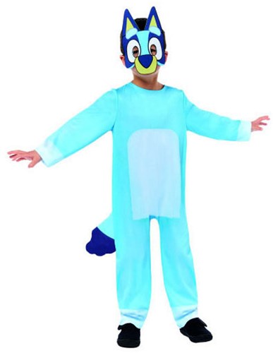 Bluey kinder kostuum jumpsuit verkleedpak met masker en staart 3-4 jaar