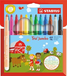 Stabilo viltstift Trio Jumbo met extra dikke punt 3,0 mm - etui 12 kleuren