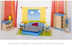 Goki poppenhuis slaapkamer houten meubelset accessoires 14-delig