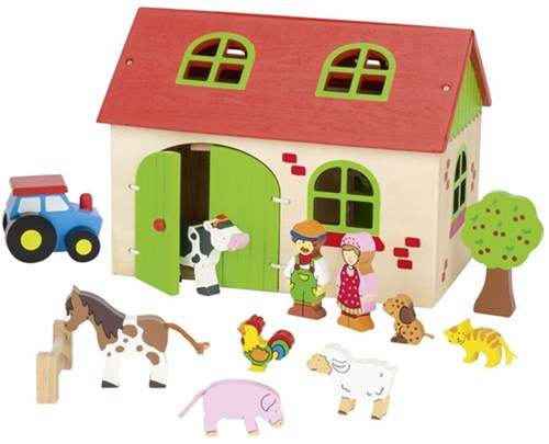 Goki houten boerderij poppenhuis 13-delig speelgoed boerderij