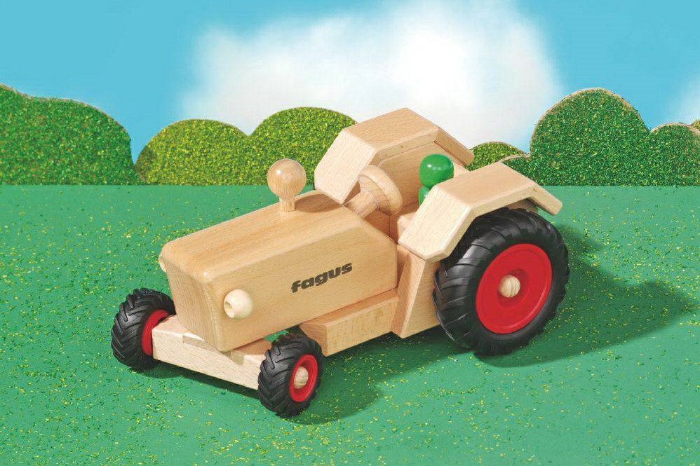 Fagus houten speelvoertuig Tractor bestuurbaar 24cm bij Fagus houten speelvoertuig Tractor bestuurbaar 24cm bij
