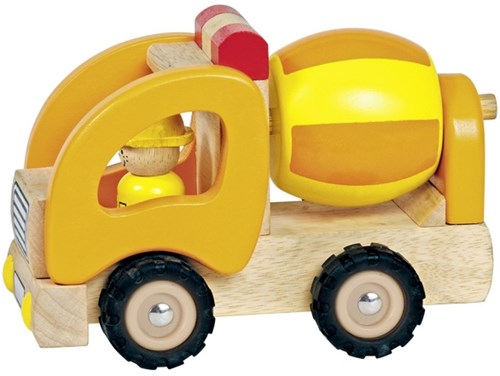 Goki houten betonmixer bouwvoertuig met rubberen banden geel-2