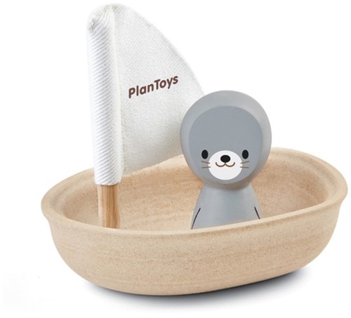 Plan Toys houten badspeelgoed zeilboot met zeehond