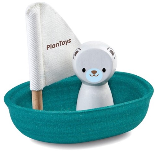 Plan Toys houten badspeelgoed zeilboot met ijsbeer