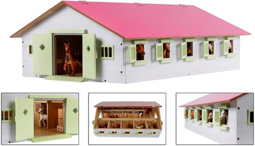 Kids GLOBE paardenstal houten speelgoed roze met 9 boxen 1:32 schaal-2
