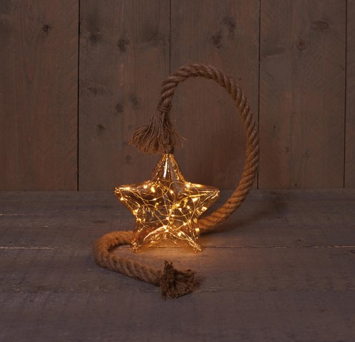 Ster glas goud sfeerverlichting LED 19cm aan touw warmwit licht