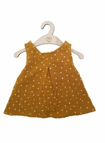 Hollie poppenjurk katoen ochre dots voor babypoppen 34 cm
