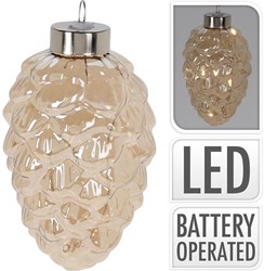Home & Styling glazen dennenappel kerstdecoratie met 4-LED verlichting 11cm