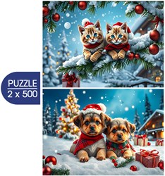 Alipson Puzzle kerstpuzzel 2-in-1 katten en honden 500 stukjes
