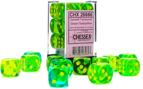 Chessex Gemini Translucent Groen-Blauw/geel D6 16mm Dobbelsteen Set (12 stuks)