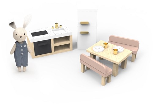 Speedy Monkey poppenhuis keuken houten speelgoed met poppetje