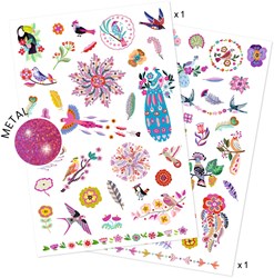 Djeco tattoo Bright birds - tijdelijke kindertattoos vogels metallic