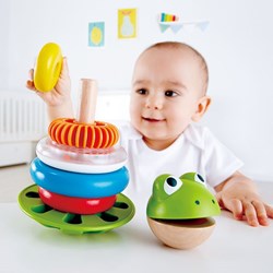 Hape houten stapelringen kikker educatief speelgoed kleurrijk