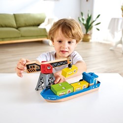 Hape vrachtschip speelgoed met kraan - kleurrijk houten schip