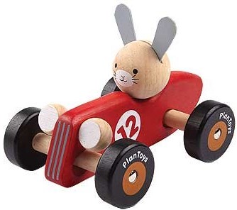 Plan Toys rode houten raceauto konijn