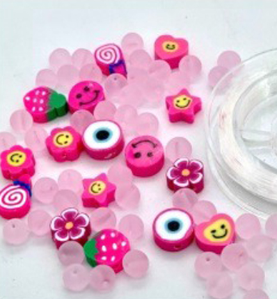 Hobby & Crafting Fun Katsuki Smileys Kralen met Draad 64 stuks Roze
