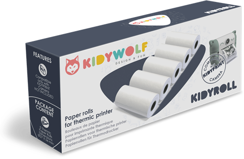 Kidywolf KIDYROLL is een set van 5 rollen gekleurd thermisch papier. Maakt het mogelijk om onmiddellijk te printen zonder inkt. De foto’s worden in zwart-wit afgedrukt en geven elke herinnering een ti