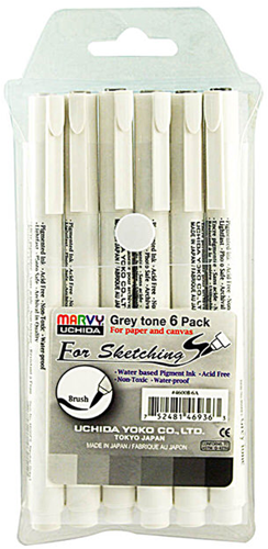 Marvy Uchida Marvy Uchida Brushpennen Grijs 6 stuks