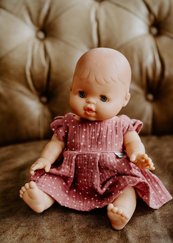 Hollie poppenjurk roze stippen - poppenkleding katoen 34cm-2