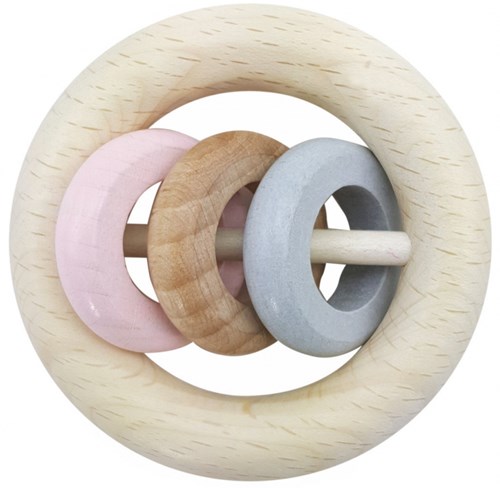 Hess houten rammelaar baby roze naturel met 3 ringen duurzaam